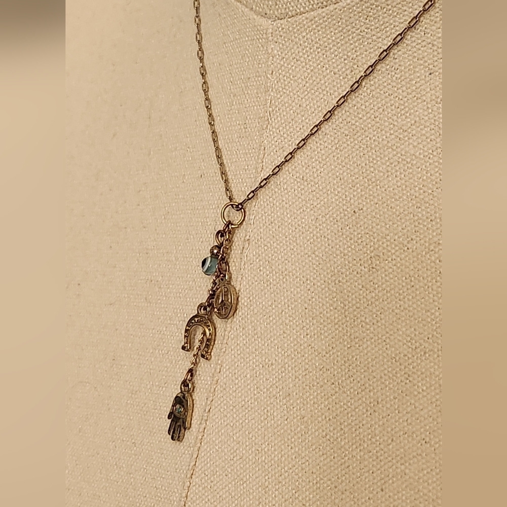 Hamsa Hand Evil Eye Horseshoe Peace Sign Necklace - Picture 7 of 14